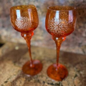 Vintage Etched Glass Votive Candle Holders Orange 9” Tall Set Of 2